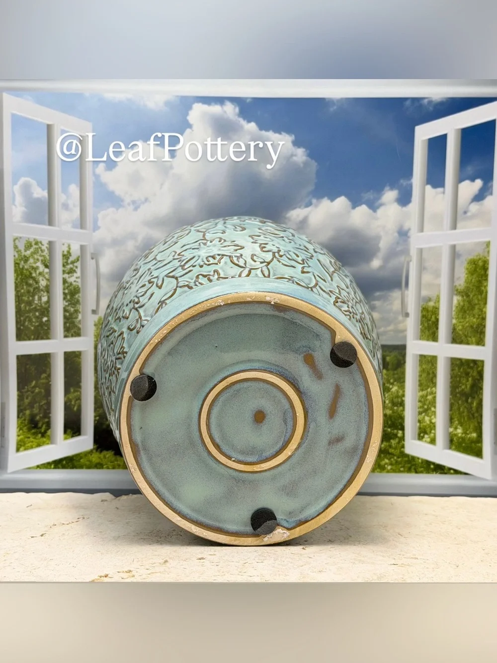 Embossed Floral Ceramic Planter with Saucer & Drainage | 6 Inch Light Blue
